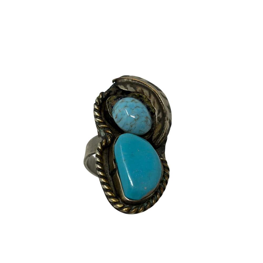 Southwestern Ring Womens Size 6 Turquoise Blue Two Stone Silver Tone Rope Leaf